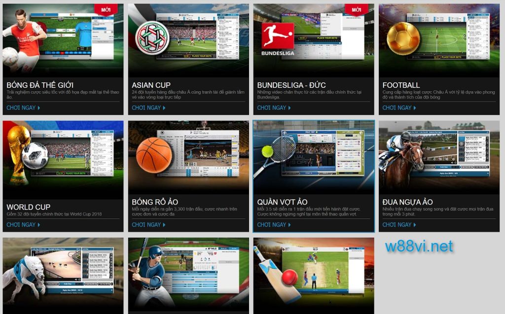 Danh sách các mục trò chơi tại W88 virtual sport 